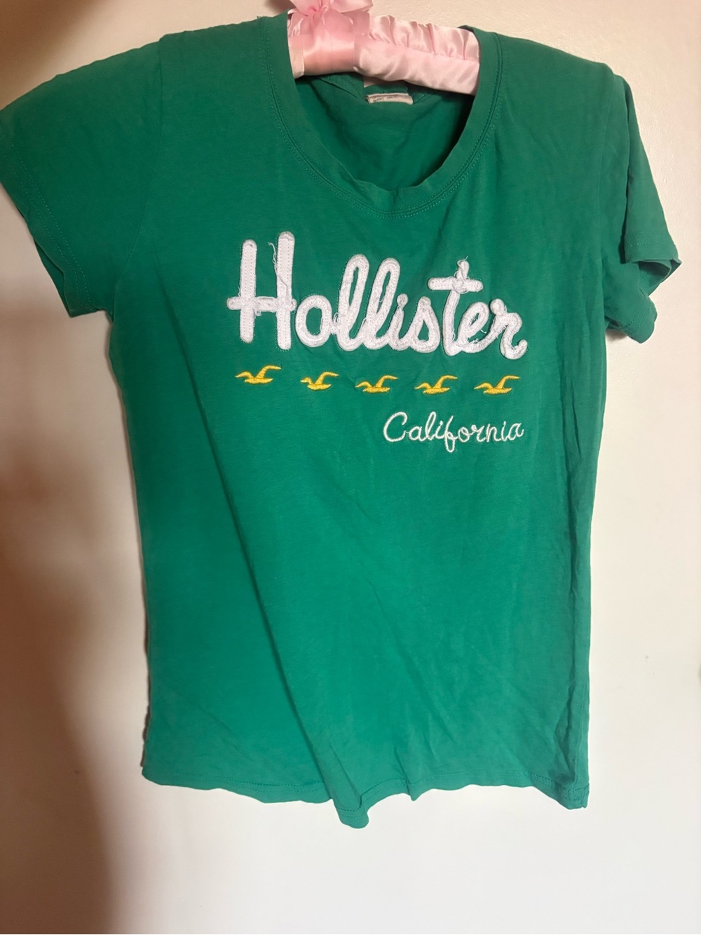 Y2K Hollister Bright Green Tealish Logo Tee with Yellow Seagulls